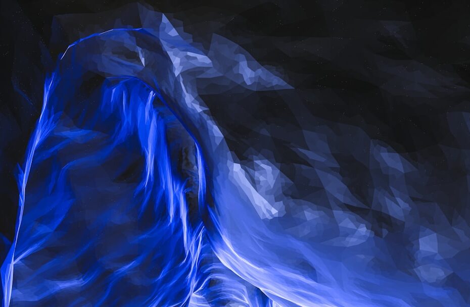 A woman sitting on a sofa, holding her head in her hands, surrounded by calming blue tones and soft lighting.